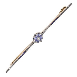 Art Deco 18K Gold Diamond Sapphire Bar Brooch Pin
