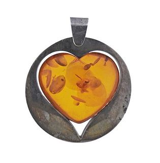 Vintage European Silver Amber Heart Large Pendant