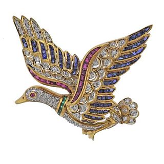 18k Gold Diamond Sapphire Emerald Ruby Goose Brooch Pin