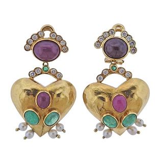 18K Gold Diamond Ruby Emerald Pearl Earrings
