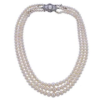 Art Deco Platinum Diamond Pearl Necklace