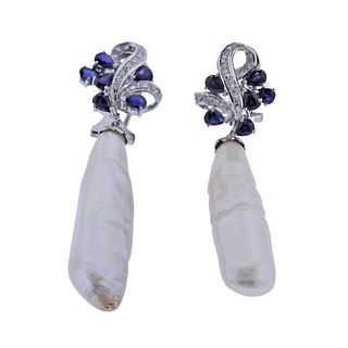 14k Gold Diamond Sapphire Pearl Drop Earrings