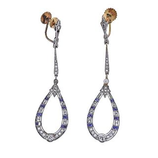 Art Deco Platinum Gold Diamond Sapphire Pearl Earrings