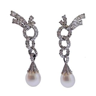 Mid Century Platinum 18k Gold Diamond Pearl Drop Earrings