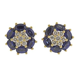 18k Gold Diamond Sapphire Stud Earrings