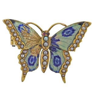 Antique 14k Gold Seed Pearl Enamel Butterfly Brooch