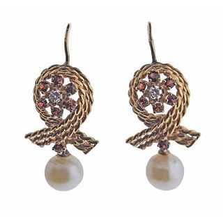 1960s 14k Gold Diamond Garnet Pearl Earrings