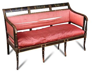 A Regency faux rosewood chair back settee, gilt lined border decoration, painted en grisaille with l