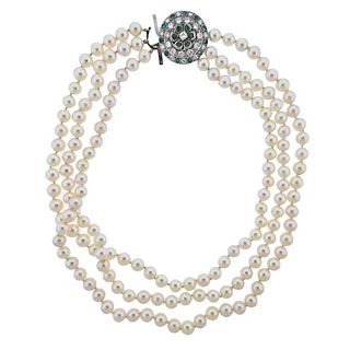 Mid Century Platinum Diamond Emerald Pearl Necklace