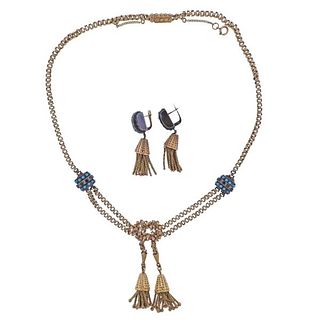 Continental 18k Gold Turquoise Tassel Necklace Earrings Set