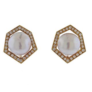 18k Gold Mabe Pearl Diamond Large Earrings