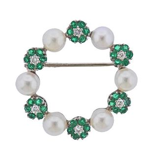 Platinum Pearl Diamond Emerald Brooch Pin