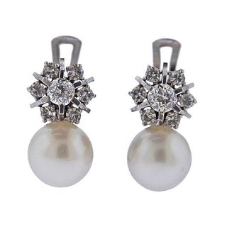 Mid Century Platinum Diamond Pearl Earrings