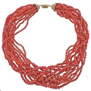 1960s 14k Gold Coral Bead Multi Strand Necklace