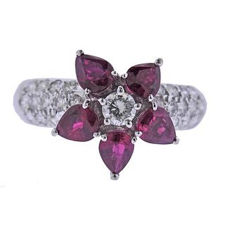 18k Gold Diamond Ruby Flower Ring