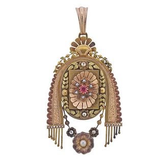 Antique Victorian 18k Gold Ruby Pearl Locket Pendant