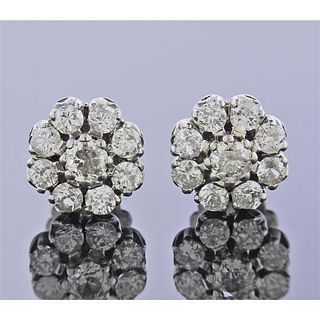 Mid Century Platinum Diamond Cluster Earrings