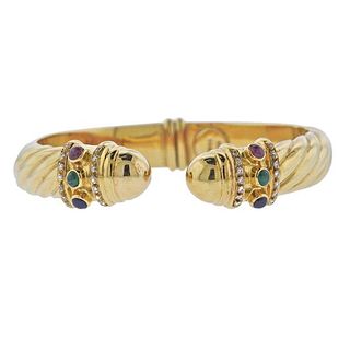 18K Gold Diamond Sapphire Ruby Emerald Cuff Bracelet