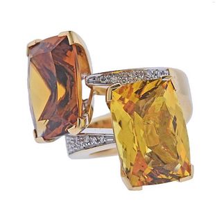 18k Gold Diamond Citrine Bypass Cocktail Ring