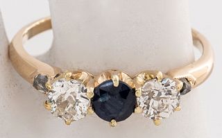 Edwardian 14K Yellow Gold Diamond & Sapphire Ring