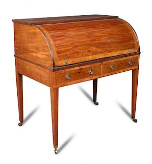 A Regency mahogany and satinwood cylinder bureau, satinwood banded border decoration, internally fit