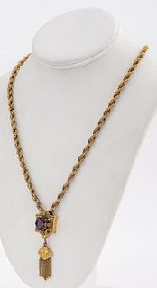 Victorian 14K Gold Amethyst Pearl Tassel Pendant