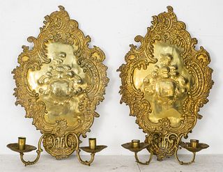 Baroque Revival Armorial Brass Candle Sconces, Pr