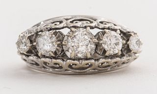 Vintage 18K White Gold Five Diamond Scroll Ring