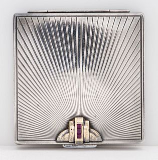 Tiffany & Co. Art Deco Silver & Ruby Compact Box