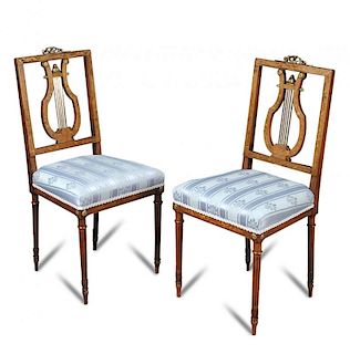 A pair of Louis XVI style rosewood salon chairs, bearing Edwards & Roberts label, with marquetry inl