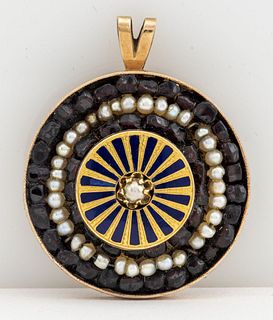 Victorian 14K Gold Pearl Garnet & Enamel Pendant