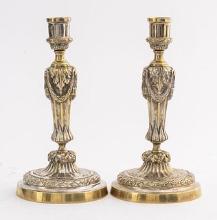 Neoclassical Revival Silvered Bronze Candlesticks