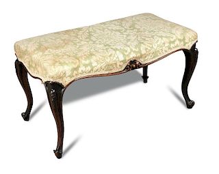 An early Victorian rosewood framed upholstered stool, on swept legs 50 x 95 x 48cm (20 x 37 x 19in)