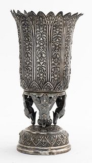 Thai Repousse Silver Vase w/ Garuda