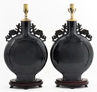 Asian Manner Black Ceramic Vase Table Lamps, Pr
