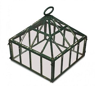 A green painted cast iron framed cloche, with pyramidal cover 51 x 51 x 51cm (20 x 20 x 20in) <br. <