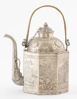 Chinese Etched Pewter Teapot w/ Landscapes