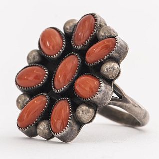 Native American Zuni Silver Coral Ring