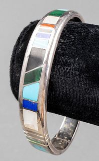 Navajo Silver Multi-Stone Inlay Bangle Bracelet