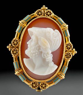 18th C. Neoclassical Gold Enamel Brooch Agate Cameo