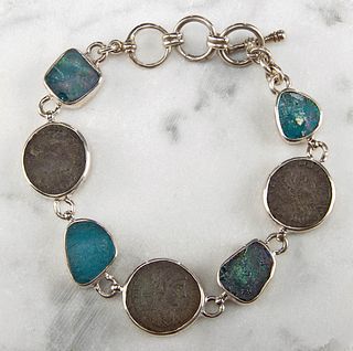Silver Bracelet w/ Roman Bronze Coins & Roman Glass