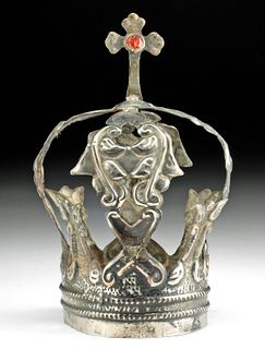Late 19th C. French Copper Alloy Santo Crown w/ Glass