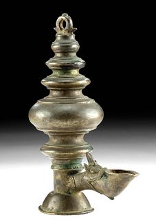 18th C. Sri Lankan Brass Oil Lamp w/ Makara Spout