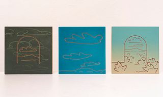 Sean Hudson, The Way Out / Blue Glasses / Take Me, 2021, oil on panel, 6 x 20 inches (6 x 6 each with a 1 inch space in between)