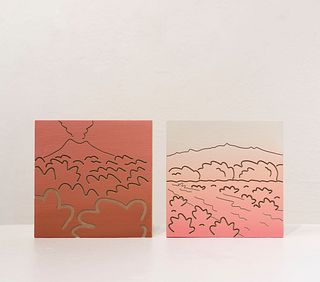 Sean Hudson, Blowing Off Smoke / Sandia Rift, 2021, oil on panel, 6 x 13 inches (6 x 6 each with a 1 inch space in between)