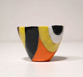 Jenifer Kobylarz, Pinch Ceramic Bowl ( with stripe colors), 2021, hand built with hand painted glaze, 3.5 x 3.5 x 3 inches
