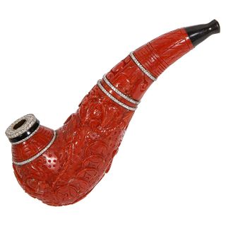 A Contemporary Coral, 18K Gold, Diamonds, and Onyx Pipe