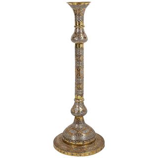 Exceptional Islamic Silver and Copper Inlaid Lamp, Syria, Damascus 19th Century
