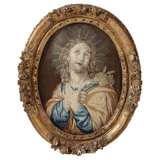 18th Century Italian Embroidered Panel of Holy Jesus Christ, in Original Frame