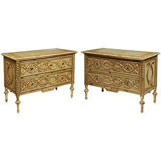 Exceptional Pair of French Provincial Green Painted and Parcel-Gilt Commodes